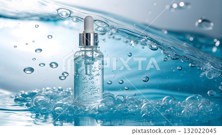 Clear serum bottle surrounded by splashing water in a bright environment 132022045