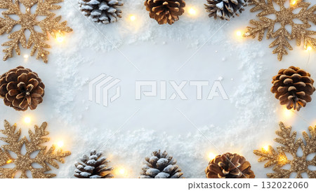 Winter holiday decorations featuring pine cones and glittering snowflakes on a snowy background 132022060