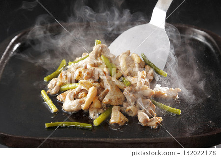 炒雞肉和蒜苗在熱板上烤 炒雞肉和蒜苗在熱板上烤 132022178