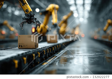 In an automated factory, a robotic arm carefully places a cardboard box onto a conveyor belt, exemplifying modern manufacturing and logistical precision 132022277
