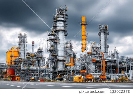 Industrial complex with various towers and pipes under a cloudy sky, showcasing manufacturing infrastructure and processing structures 132022278