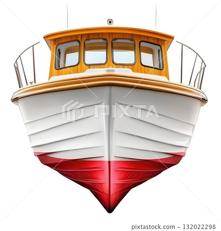Front view of a small, white and red motorboat with wooden deck 132022298