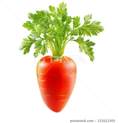 A single, vibrant orange carrot with its fresh green leafy top is isolated on a white background 132022305