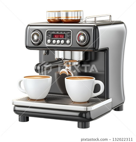 A sleek, black espresso machine prepares two cups of coffee 132022311