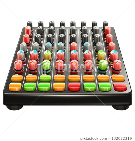 A colorful music mixer with numerous knobs and buttons is shown in the image 132022319