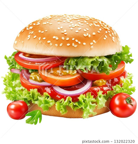 A delicious-looking hamburger with sesame seed bun, lettuce, tomato, onion, and condiments 132022320