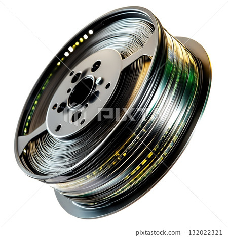 A close-up shot of a reel of film, showcasing its intricate details and metallic sheen 132022321