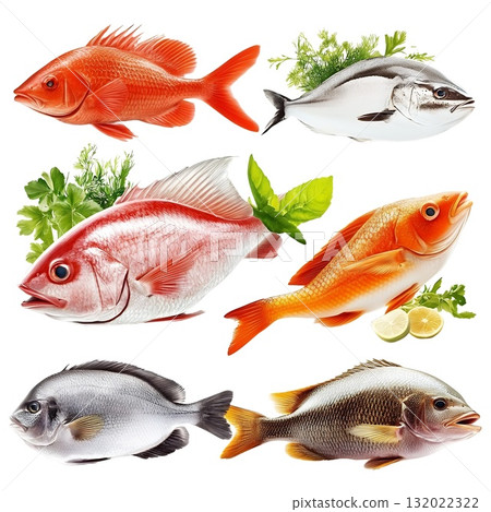 Six vibrant, fresh fish arranged against a white background, each adorned with fresh herbs and garnished with lemon slices 132022322