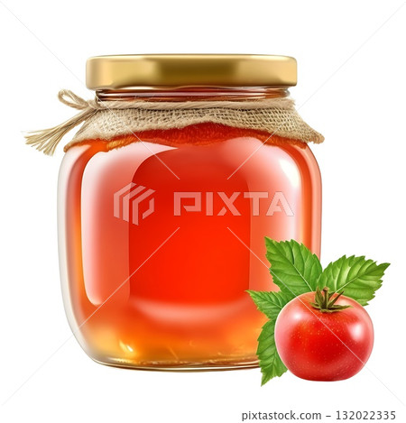 A glass jar filled with bright red fruit preserves, sealed with a golden lid and tied with burlap, sits beside a ripe red tomato and green leaves 132022335