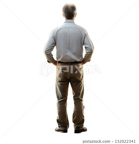 A middle-aged man stands with his hands on his hips, viewed from behind, wearing a light-blue checkered shirt and brown trousers A middle-aged man stands with his hands on his hips, viewed from behind, wearing a light-blue checkered shirt and brown trousers 132022341