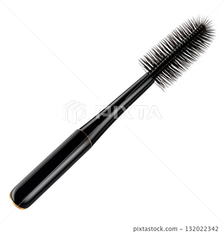 Close-up of a sleek, black mascara wand with fine bristles, isolated on a white background Close-up of a sleek, black mascara wand with fine bristles, isolated on a white background 132022342