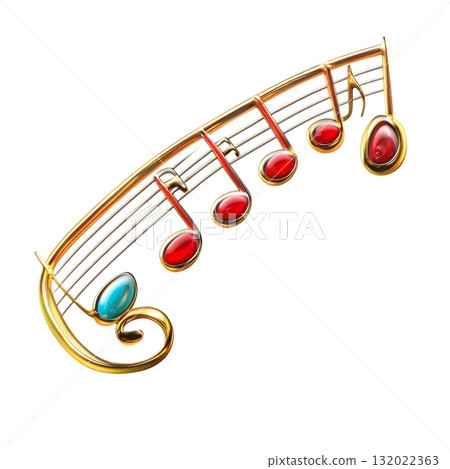 Elegant golden music notes with red and turquoise gemstones, perfect for musical or jewelry designs 132022363