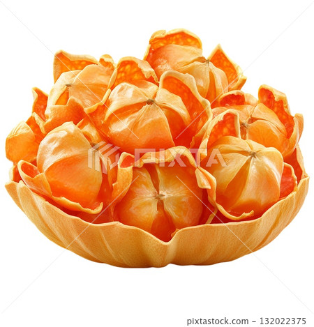 A vibrant pile of peeled citrus fruits sits nestled in a similarly colored bowl, showcasing their bright, juicy segments 132022375