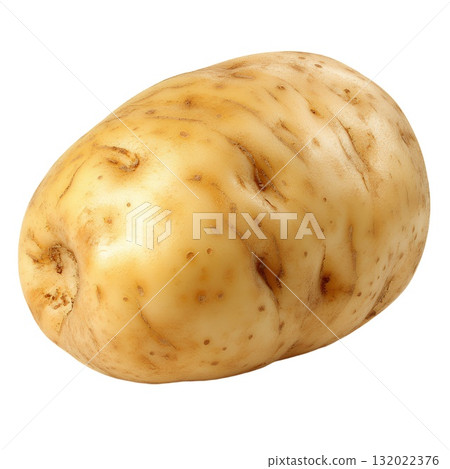 A single, unpeeled, yellowish potato with a rough, textured skin is shown against a white background 132022376