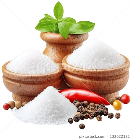 Wooden bowls overflowing with coarse salt, peppercorns, and a vibrant red chili pepper, garnished with fresh basil 132022381