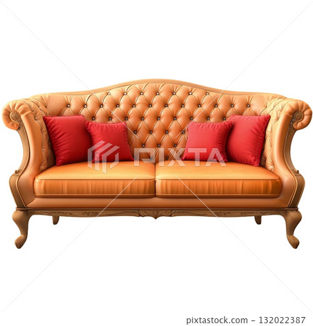 Elegant, orange leather Chesterfield sofa with red cushions, isolated on white background, perfect for interior design projects 132022387