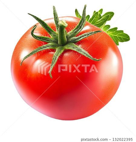 A single, ripe red tomato with its green stem and leaves, isolated on a white background 132022395