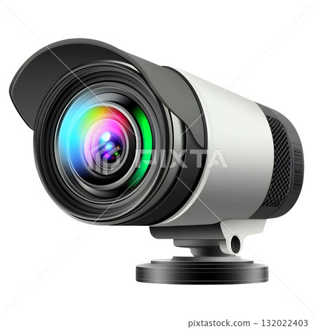 High-tech security camera with a sleek design and rainbow lens flare, ideal for surveillance and monitoring systems 132022403