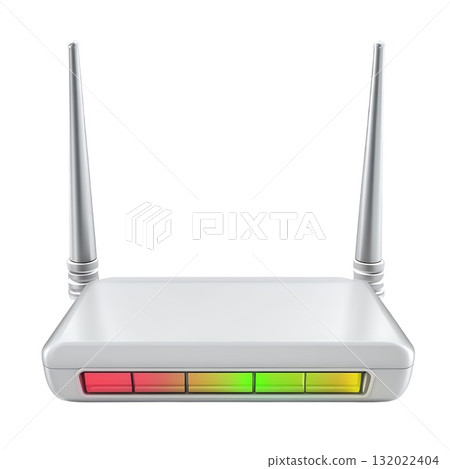 A modern, sleek wireless router with illuminated signal strength indicators displays a strong internet connection A modern, sleek wireless router with illuminated signal strength indicators displays a strong internet connection 132022404