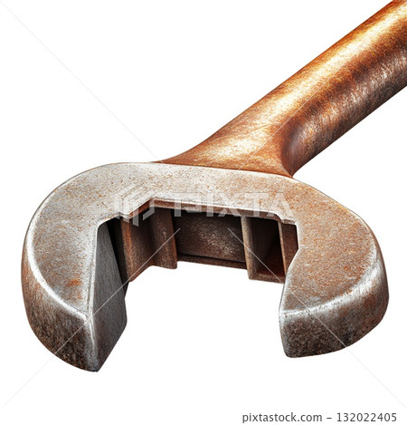 A rusty old wrench, showing signs of wear and tear, is isolated against a white background 132022405