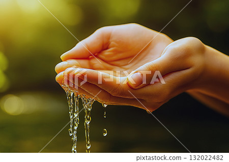 A woman scooping spring water with her hands 132022482