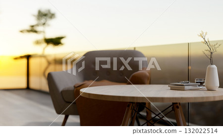 A fabric sofa or an armchair with a round wooden table on a terrace or a rooftop of restaurant. A fabric sofa or an armchair with a round wooden table on a terrace or a rooftop of restaurant. 132022514