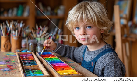 Blond, blue-eyed young artist absorbed in painting. Vibrant colors, focused expression, enjoying the creative process Blond, blue-eyed young artist absorbed in painting. Vibrant colors, focused expression, enjoying the creative process 132022565