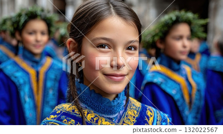 A charming girl in traditional dress stands out in a procession, her bright smile reflecting the youthful spirit of the occasion, as part of a vibrant cultural event 132022567