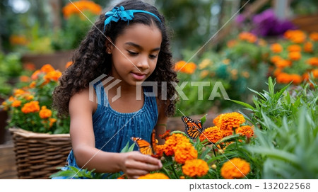 A young girl in a garden with orange flowers and butterflies enjoys the natural beauty of nature as she explores the wonders of the outdoors 132022568