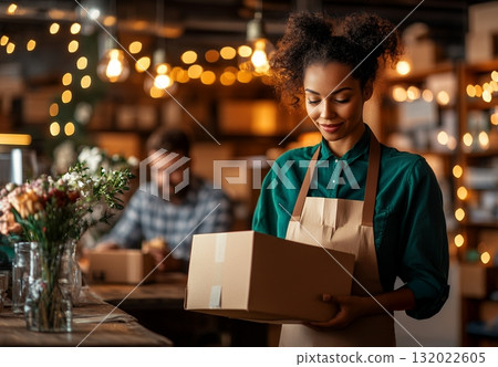 A young Black female entrepreneur carefully examines a package in her small business, showcasing online retail and packaging 132022605