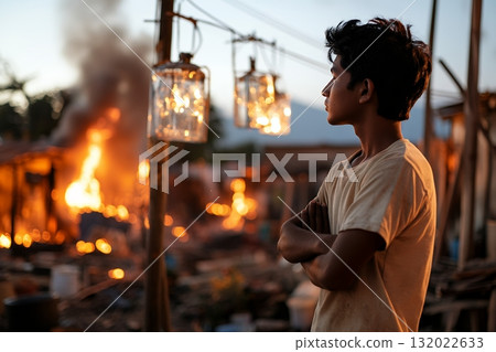 A young man stands with arms crossed, observing a distant fire, illuminated by soft lantern light at dusk A young man stands with arms crossed, observing a distant fire, illuminated by soft lantern light at dusk 132022633