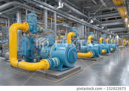 Industrial plant with blue engines, yellow pipes. Power generation, modern energy infrastructure 132022673
