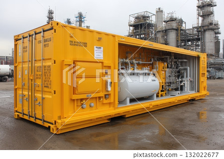 A yellow industrial container houses machinery, showcasing the integration of functionality and durability for specialized operations at a processing facility 132022677