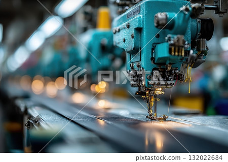 Industrial sewing machine in a textile factory: precision equipment meticulously stitches fabric in a manufacturing setting, emphasizing mass production and detail 132022684