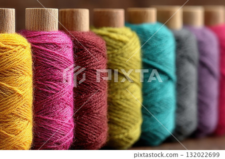 Close-up shows a row of colorful spools of thread, capturing the textile artistry and craftsmanship inherent in sewing and handmade goods Close-up shows a row of colorful spools of thread, capturing the textile artistry and craftsmanship inherent in sewing and handmade goods 132022699