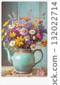 Rustic Flower Vase in Sunlit Garden.Turquoise watering can with wildflowers on grass, glowing in warm sunlight. Perfect for spring, nature, and romantic themes. 132022714