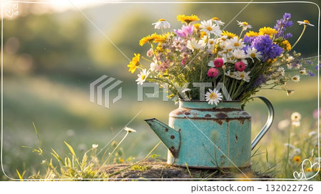 Rustic Flower Vase in Sunlit Garden.Turquoise watering can with wildflowers on grass, glowing in warm sunlight. Perfect for spring, nature, and romantic themes. 132022726
