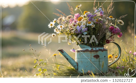 Rustic Flower Vase in Sunlit Garden.Turquoise watering can with wildflowers on grass, glowing in warm sunlight. Perfect for spring, nature, and romantic themes. 132022727