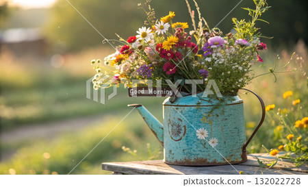 Rustic Flower Vase in Sunlit Garden.Turquoise watering can with wildflowers on grass, glowing in warm sunlight. Perfect for spring, nature, and romantic themes. 132022728
