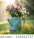 Rustic Flower Vase in Sunlit Garden.Turquoise watering can with wildflowers on grass, glowing in warm sunlight. Perfect for spring, nature, and romantic themes. 132022737