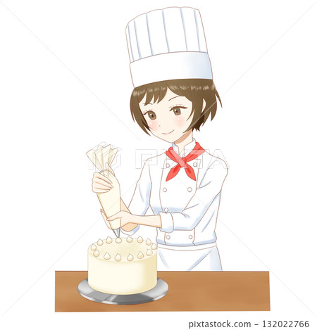 一位女糕點師在透明背景上裝飾蛋糕的插圖 132022766
