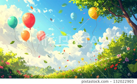 人工智慧生成的清新草地和在風中搖曳的彩色氣球的圖像 人工智慧生成的清新草地和在風中搖曳的彩色氣球的圖像 132022903