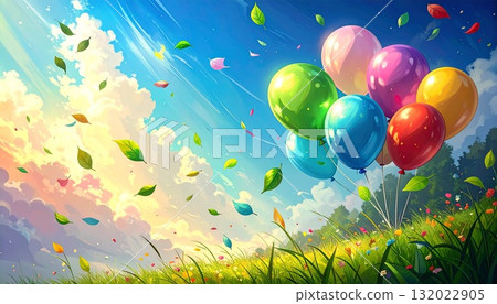 人工智慧生成的清新草地和在風中搖曳的彩色氣球的圖像 人工智慧生成的清新草地和在風中搖曳的彩色氣球的圖像 132022905