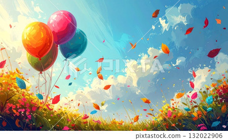人工智慧生成的清新草地和在風中搖曳的彩色氣球的圖像 人工智慧生成的清新草地和在風中搖曳的彩色氣球的圖像 132022906