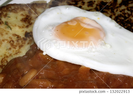 Close up of Fresh egg frying in a pan with golden yolk Close up of Fresh egg frying in a pan with golden yolk 132022913