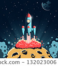 Rocket launches from asteroid with craters. Rocket launches from asteroid with craters. 132023006