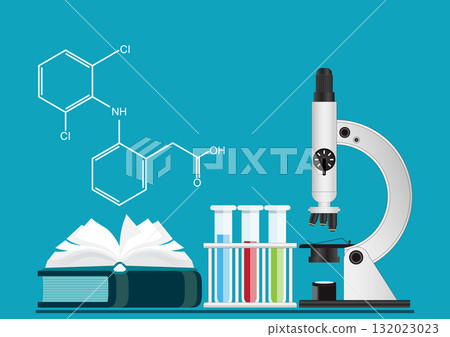 Vector illustration featuring a microscope, test tubes, and an open book with chemical formulas. 132023023