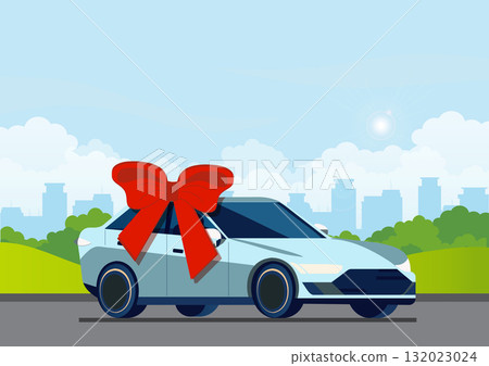 Vector illustration of a car with a large red gift bow, symbolizing a new car purchase. 132023024