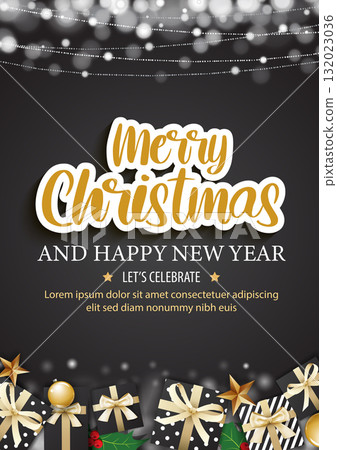 Elegant christmas greeting card with gifts and decorations background. Elegant christmas greeting card with gifts and decorations background. 132023036