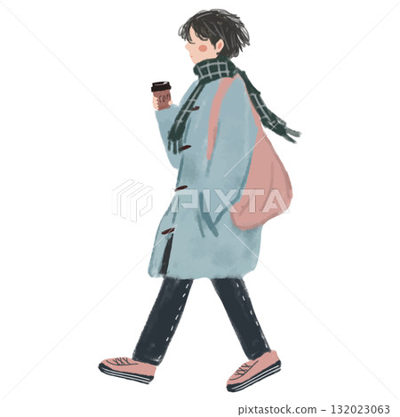 一位女士穿著休閒外套和圍巾，手裡拿著一杯熱咖啡 132023063